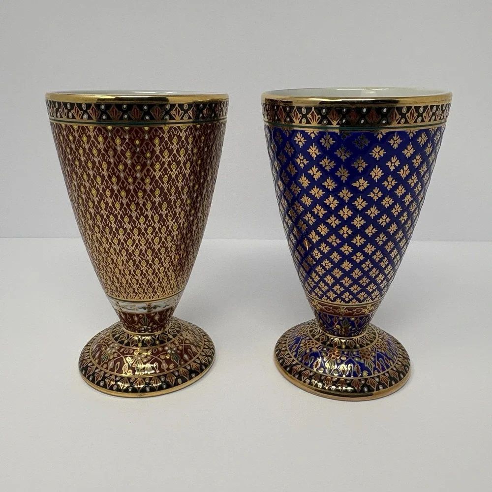 Vintage Thai Benjarong Porcelain Goblets Cup Saucer Set Hand Painted Gold